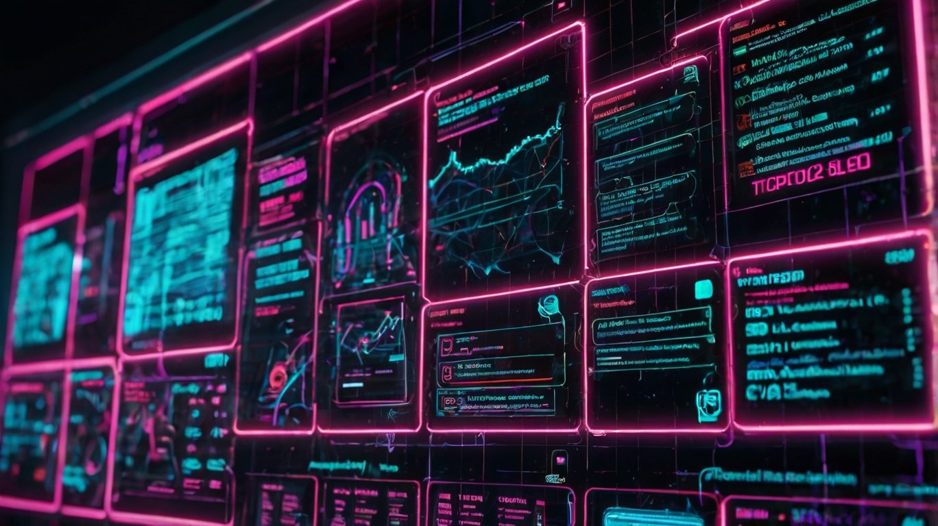 Um quadro de estratégia de marketing digital futurista com elementos de SEO, conteúdo e geração de leads, cores neon, estilo cyberpunk, ultradetalhado