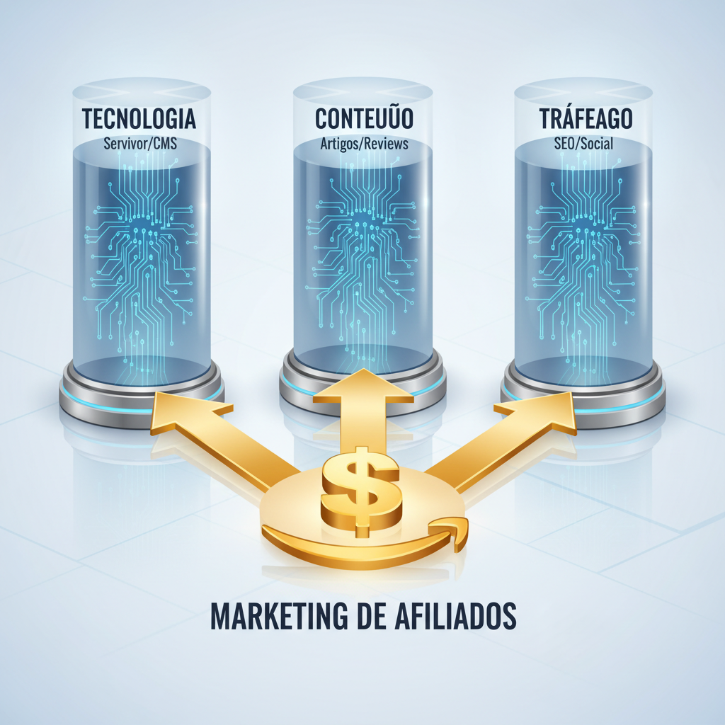 como criar site de afiliados amazon - Infográfico detalhado mostrando os três pilares do marketing de afiliados: Tecnologia (Servidor/CMS), Conteúdo (Artigos/Reviews) e Tráfego (SEO/Social), conectados por setas que levam ao símbolo de dinheiro da Amazon