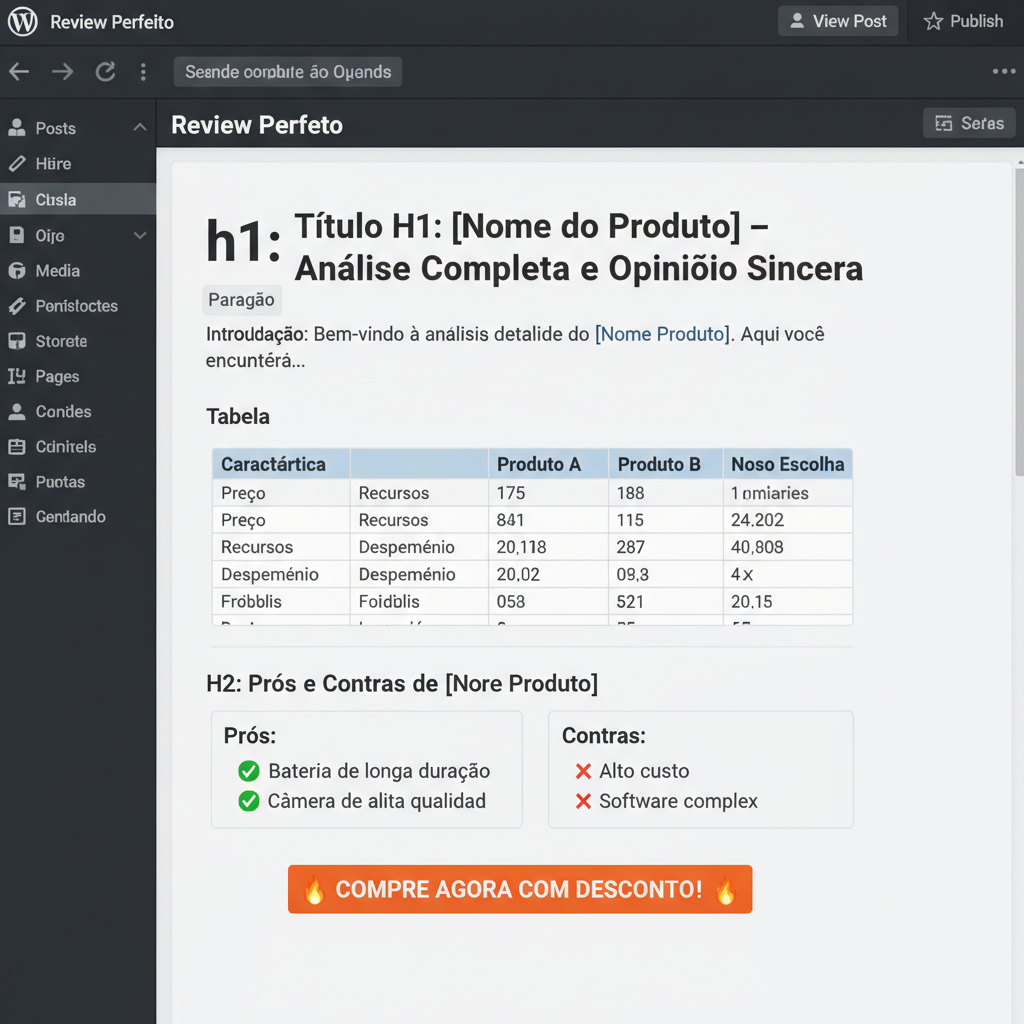 como criar site de afiliados amazon - Captura de tela ilustrativa de um editor de texto WordPress mostrando a estrutura de um artigo de review perfeito: Título H1, Introdução, Tabela Comparativa, H2 com Prós e Contras, e Botão de CTA destacado