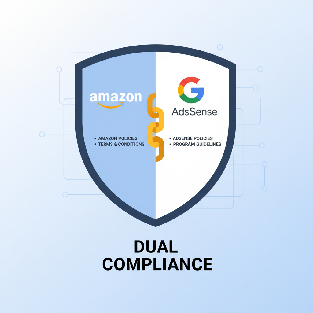 como criar site de afiliados amazon - Ilustração estilo flat design mostrando um escudo de segurança dividido ao meio: lado esquerdo com logo da Amazon e políticas, lado direito com logo do Google AdSense e políticas, simbolizando conformidade dupla