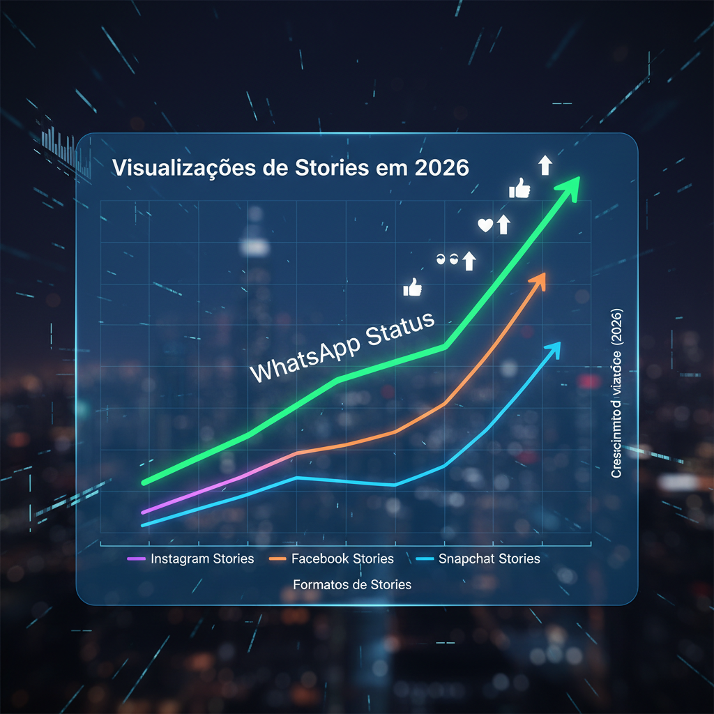 Como Anunciar no Status do WhatsApp - Gráfico futurista mostrando o crescimento da visualização de Status do WhatsApp em comparação com outros formatos de stories em 2026, com ícones de engajamento subindo