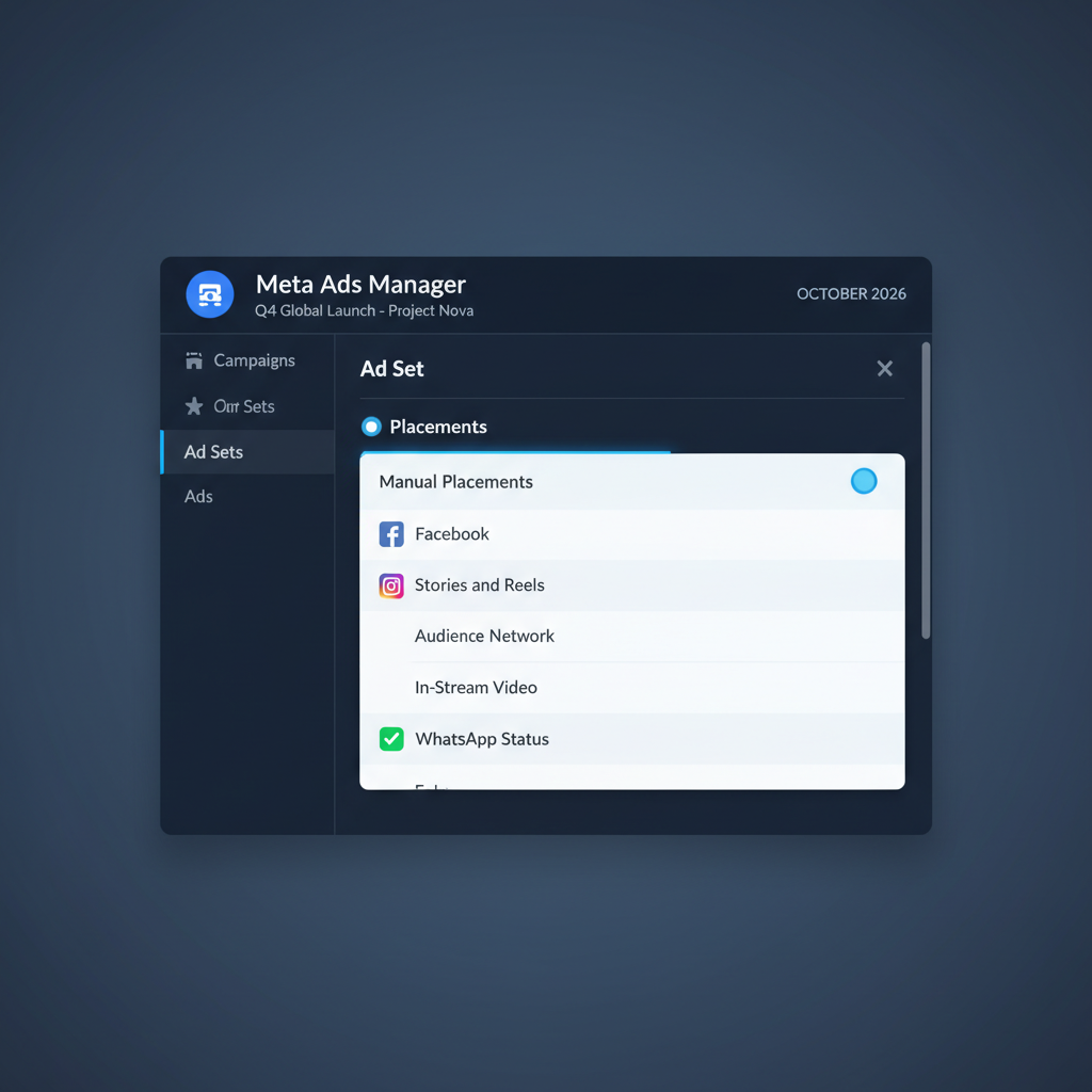 Como Anunciar no Status do WhatsApp - Captura de tela detalhada da interface do Gerenciador de Anúncios da Meta em 2026, destacando a seleção de 'Posicionamentos Manuais' e o checkbox 'WhatsApp Status' marcado