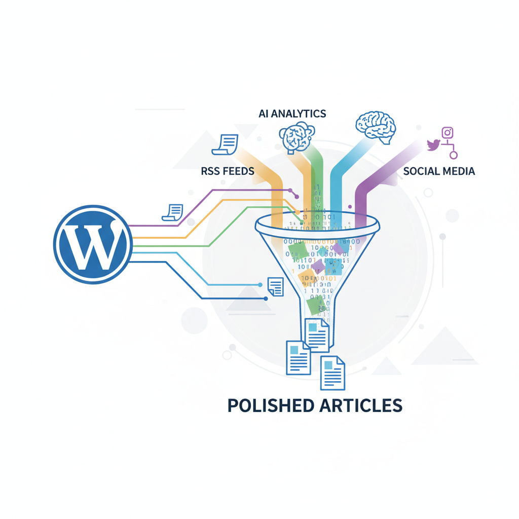 Blog Automático no WordPress - Ilustração digital moderna mostrando um ícone do WordPress conectado a vários fluxos de dados como RSS, IA e Redes Sociais, convergiendo em um funil que transforma dados brutos em artigos polidos