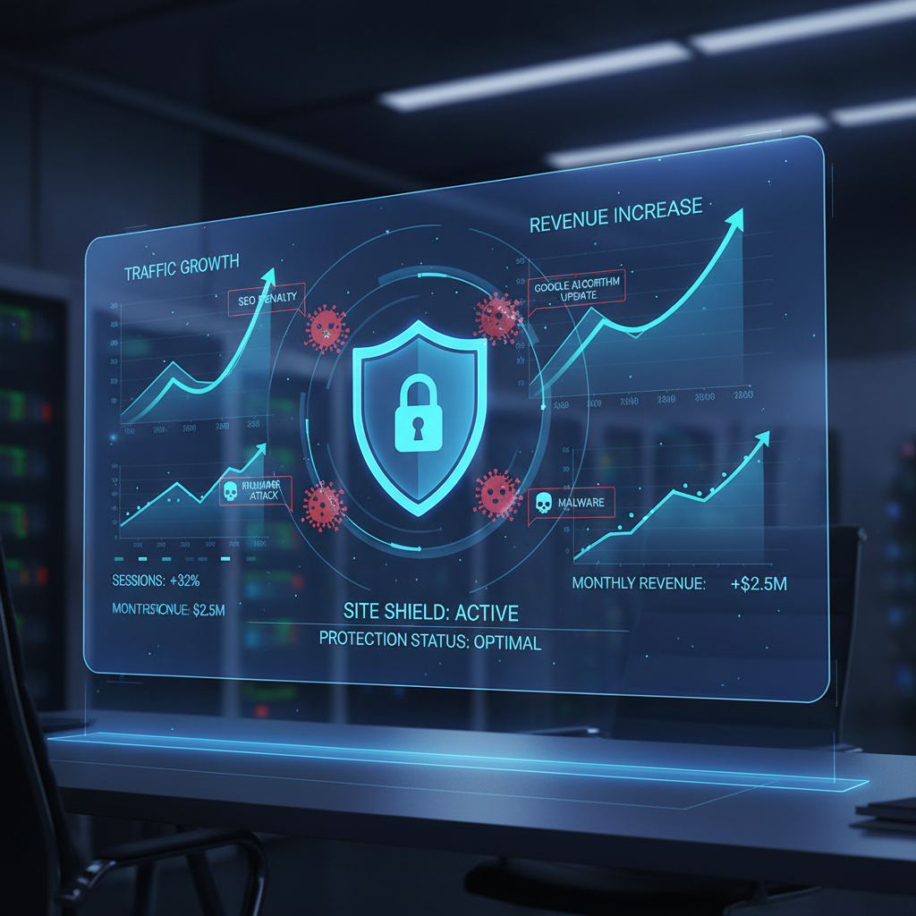 Blog Automático no WordPress - Dashboard analítico futurista mostrando métricas de crescimento de tráfego e receita, com um escudo de segurança digital protegendo o site contra penalidades