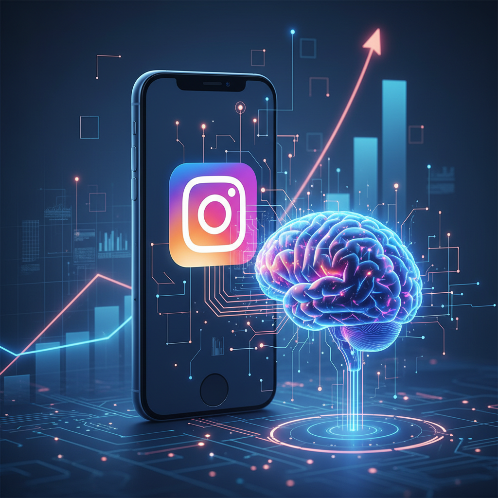 Como Automatizar seu Instagram com IA - Ilustração futurista mostrando um smartphone com o logotipo do Instagram conectado a um cérebro digital brilhante, simbolizando a fusão entre rede social e Inteligência Artificial, com gráficos de crescimento ao fundo