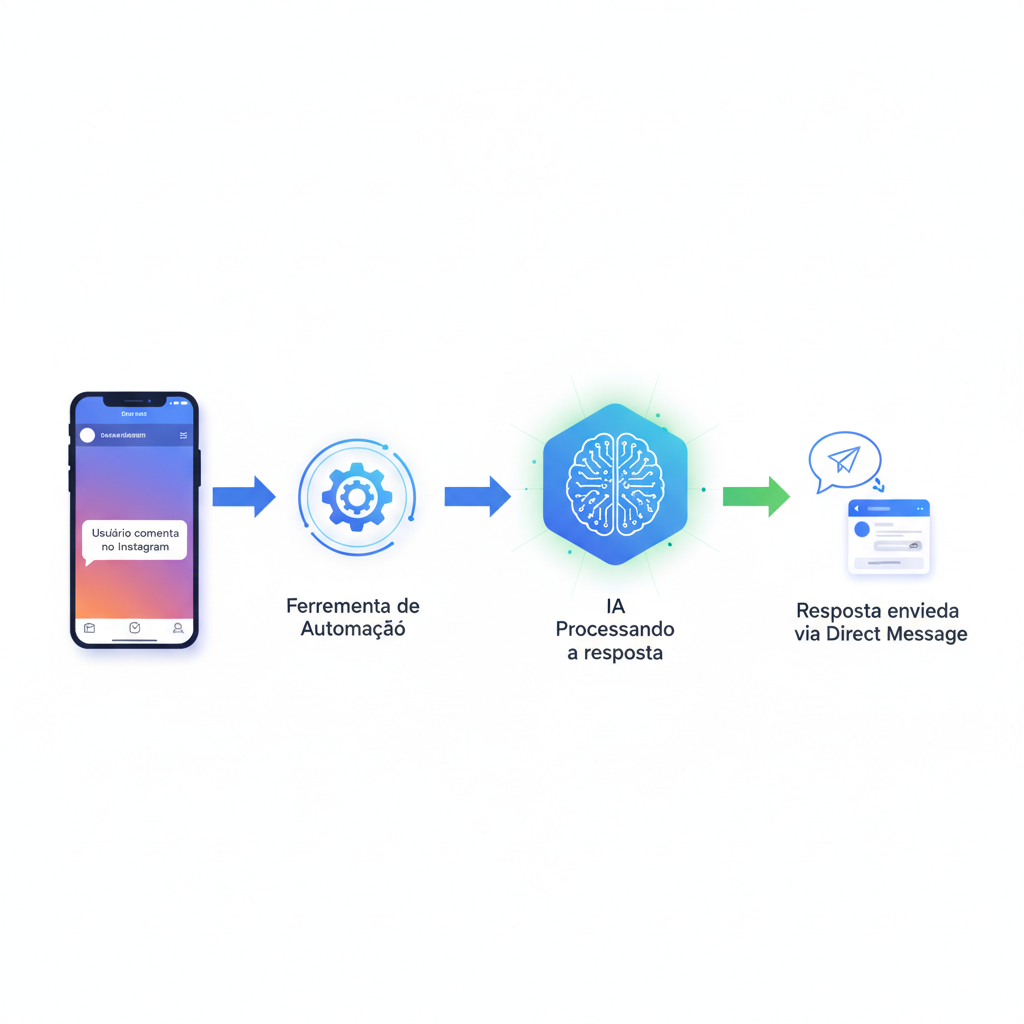 Como Automatizar seu Instagram com IA - Diagrama visual limpo e moderno mostrando o fluxo de dados: Usuário comenta no Instagram -> Ferramenta de Automação (ícone de engrenagem) -> IA Processando a resposta -> Resposta enviada via Direct Message