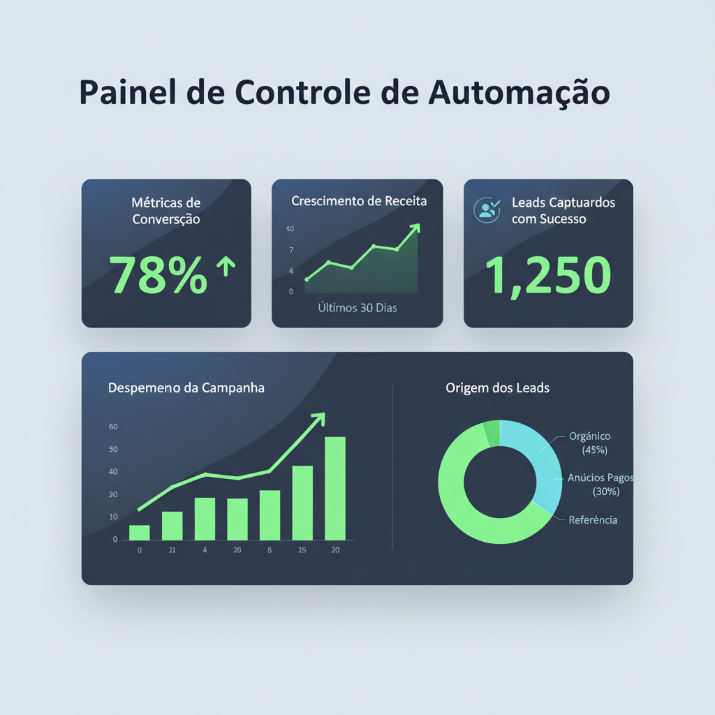 Como Automatizar seu Instagram com IA - Captura de tela estilizada de um painel de controle de automação (dashboard), exibindo métricas de conversão em verde, gráficos ascendentes e ícones de leads capturados com sucesso