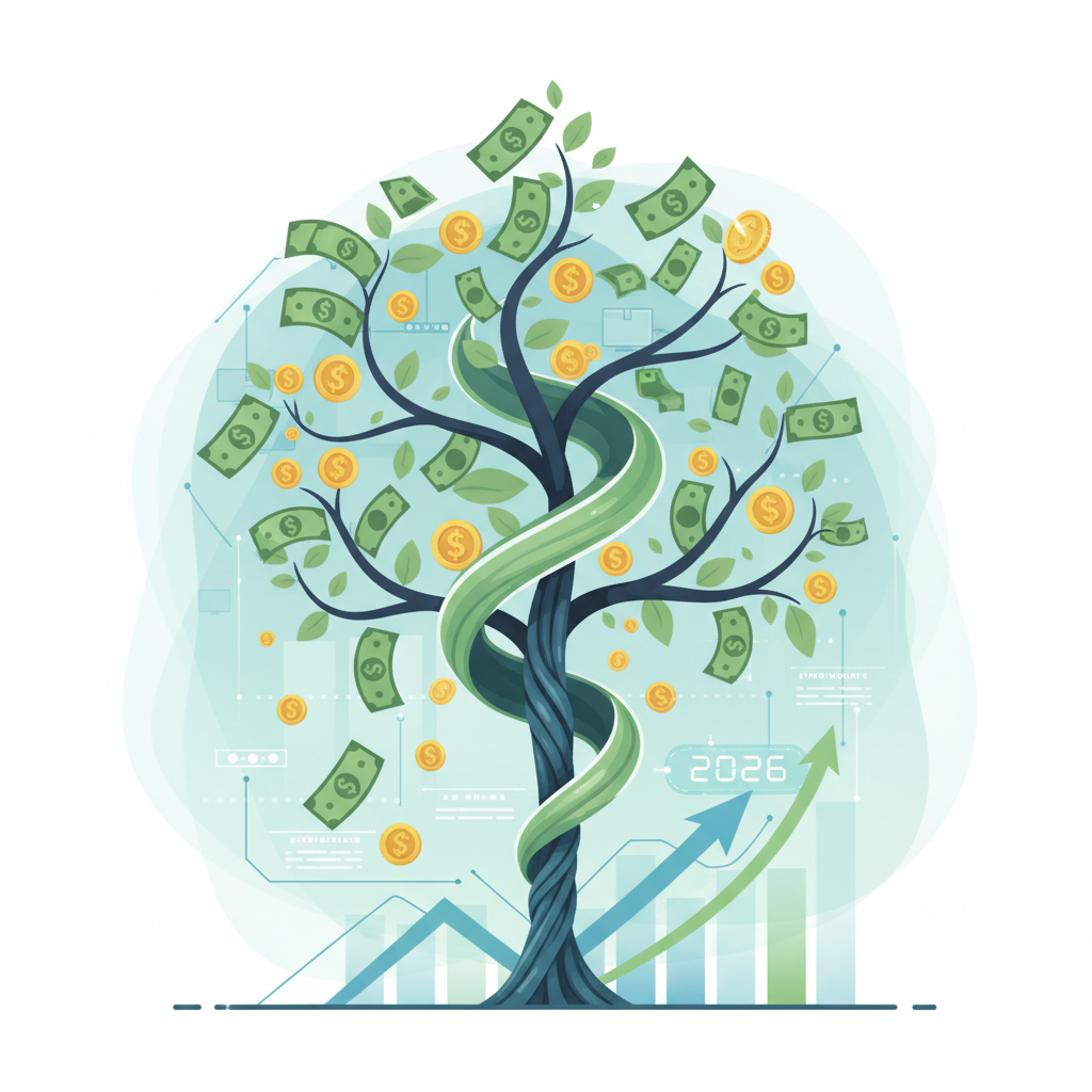 Renda Passiva - Ilustração vetorial moderna mostrando uma árvore estilizada onde as folhas são cédulas de dinheiro e moedas, com um fundo futurista sutil representando o ano de 2026, transmitindo crescimento e estabilidade