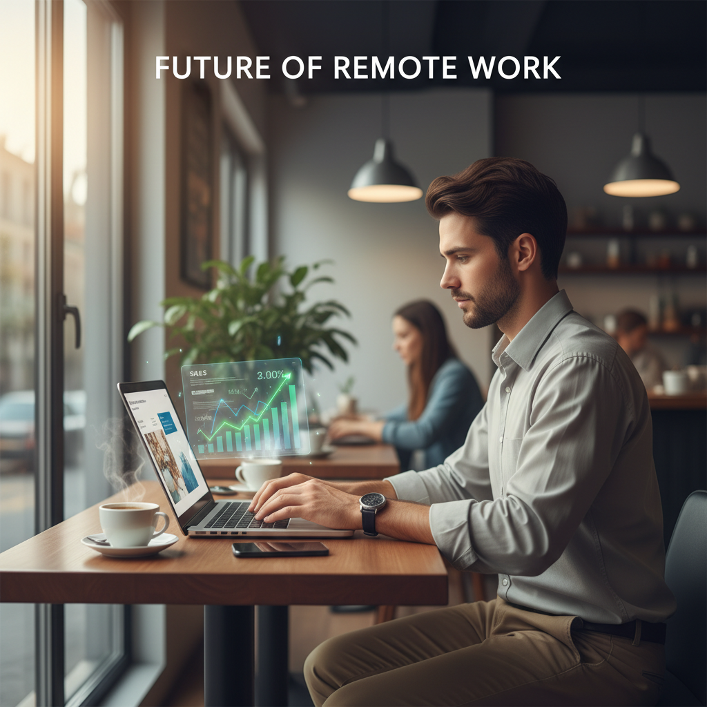 Renda Passiva - Foto de alta qualidade de uma pessoa trabalhando confortavelmente em um laptop em um café moderno e iluminado, com gráficos holográficos sutis flutuando acima da tela mostrando métricas de vendas ascendentes