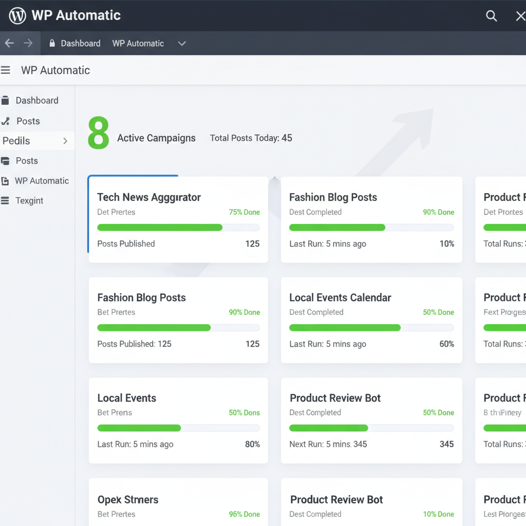 Benefícios do WP Automatic - Interface principal do painel do WP Automatic no WordPress, mostrando uma lista de campanhas ativas com barras de progresso verdes e estatísticas de posts publicados, transmitindo uma sensação de produtividade e organização.