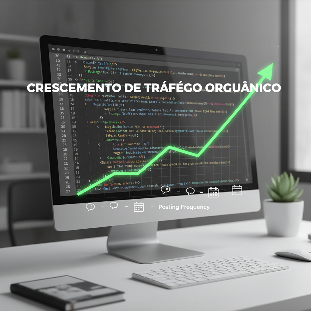 Benefícios do WP Automatic - Gráfico de linha ascendente sobreposto a uma tela de computador exibindo código HTML e palavras-chave de SEO, ilustrando o crescimento de tráfego orgânico gerado pela frequência de postagens.