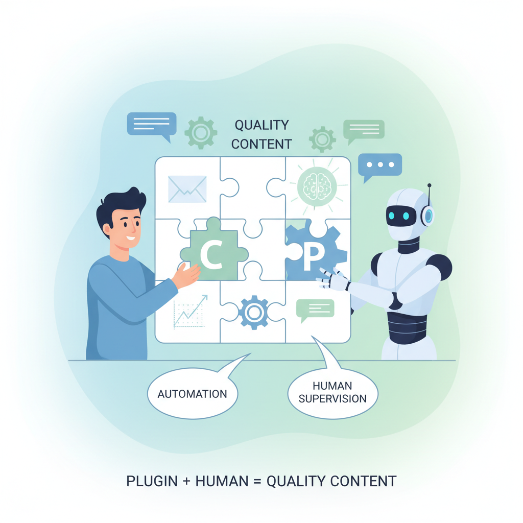 Benefícios do WP Automatic - Ilustração estilo flat design mostrando um humano e um robô trabalhando juntos em um quebra-cabeça, simbolizando a colaboração entre a automação do plugin e a supervisão humana para criar conteúdo de qualidade.
