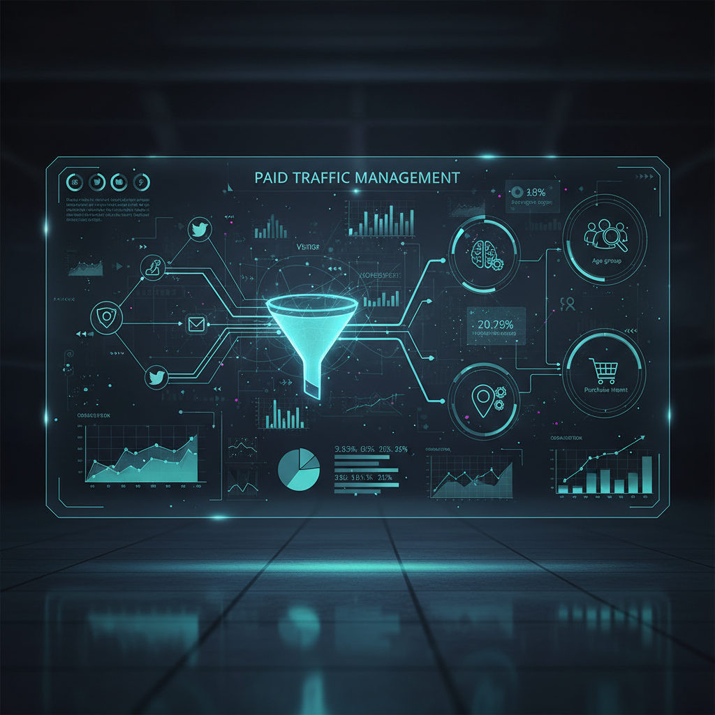 Como Ganhar 100 Reais por Dia - Imagem futurista representando a gestão de tráfego pago, com interfaces de análise de dados, setas de fluxo de visitantes e ícones de segmentação de público-alvo, transmitindo tecnologia e precisão.