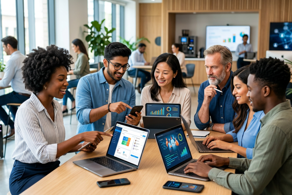 imagem de destaque mostrando um grupo diversificado de pessoas interagindo com dispositivos digitais, simbolizando o compartilhamento de conteúdo e a inovação dos Fluxos Agênticos.