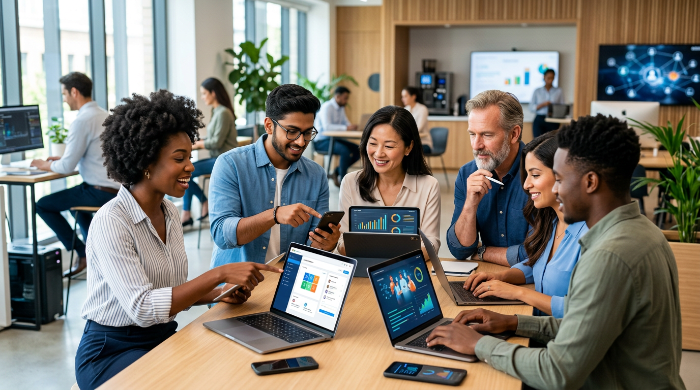 imagem de destaque mostrando um grupo diversificado de pessoas interagindo com dispositivos digitais, simbolizando o compartilhamento de conteúdo e a inovação dos Fluxos Agênticos.