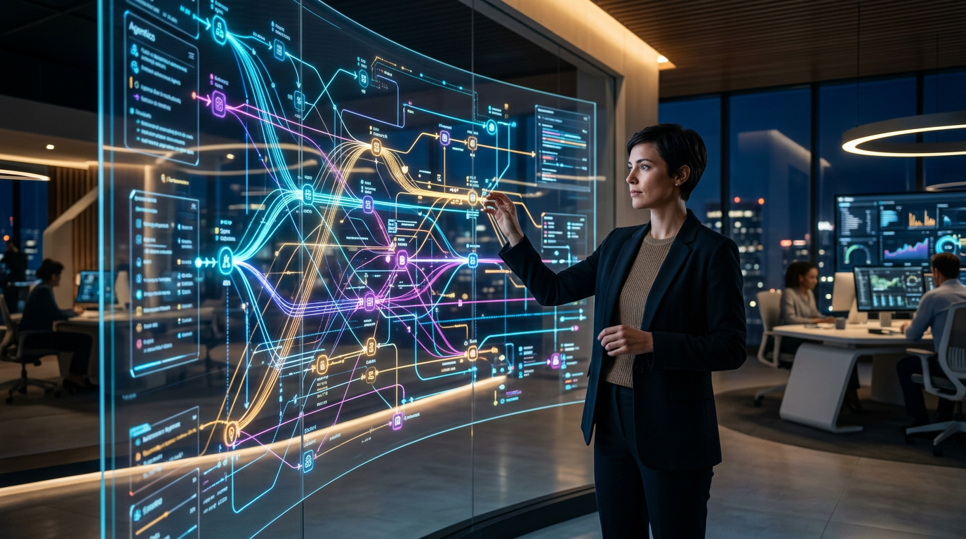 visualização futurista de Fluxos Agênticos em um ambiente digital